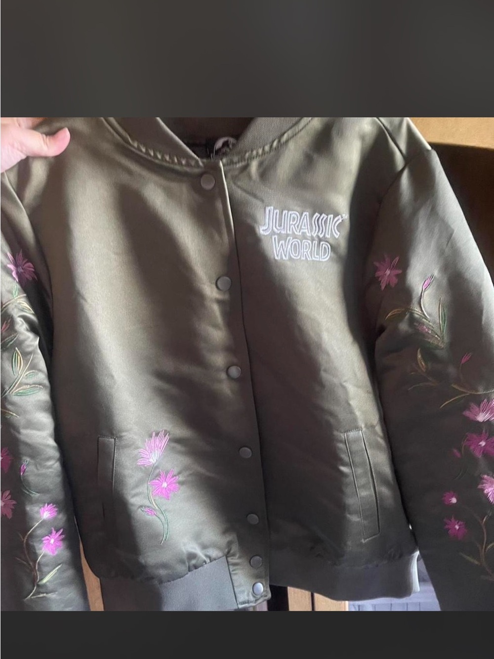 Jurassic World Olive Green Satin Bomber Jacket with Pink Floral Embroidery